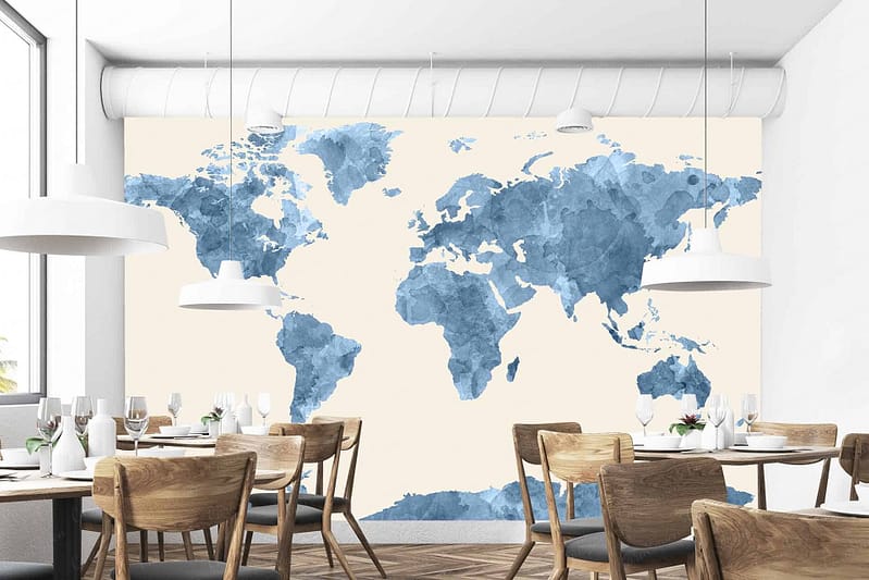 Large blue watercolor-style world map, shades of blue, watercolor texture, escapism theme.