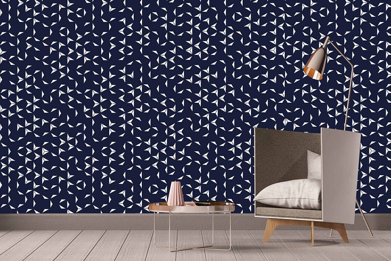 Modern living space wallpaper: dark blue backdrop, white geometric pattern (Every Which Way).