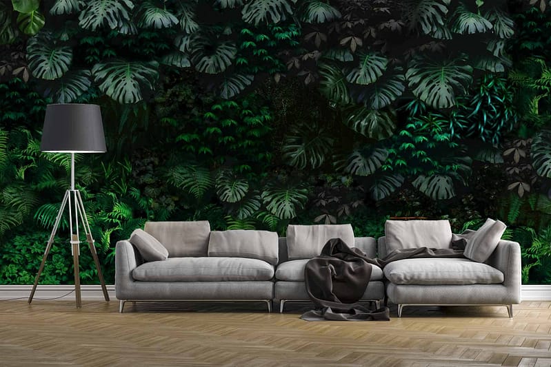 Vibrant lush green tropical leaf mural - palm fronds, banana leaves, emerald greens, deep teals, exotic foliage.