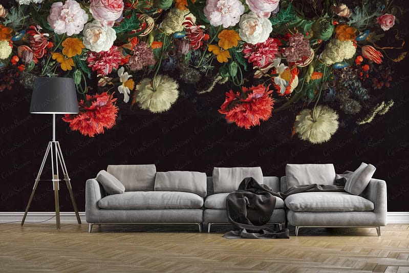 The wallpaper features vibrant flowers in shades of red, pink, orange, and white on a dark background.