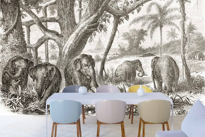 Wallpaper featuring a large black and white mural with elephants set in a savannah-like landscape; detailed elements include majestic elephants, tall grass, distant trees, open sky. Predominantly grayscale colors create a striking and serene backdrop.