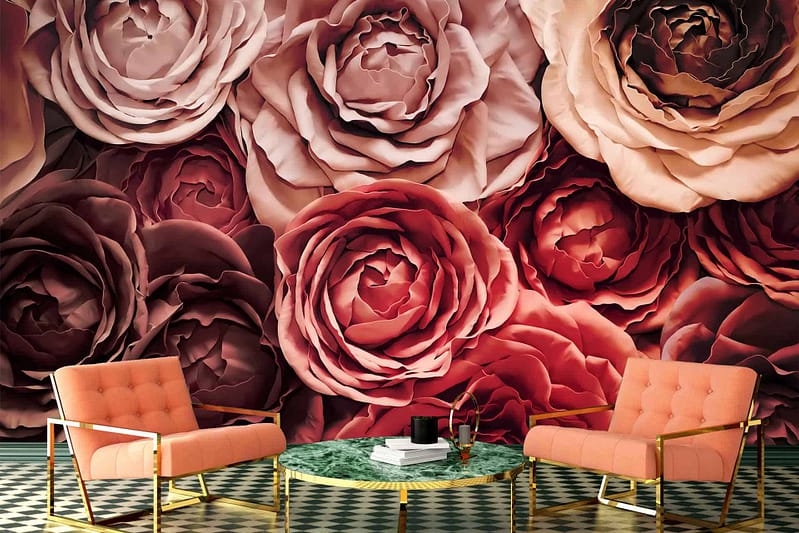 Dramatic wall mural featuring large, blooming roses in shades of pink and red.