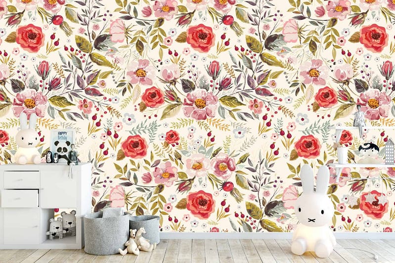 Floral wallpaper with various flowers in red, pink, and green hues.