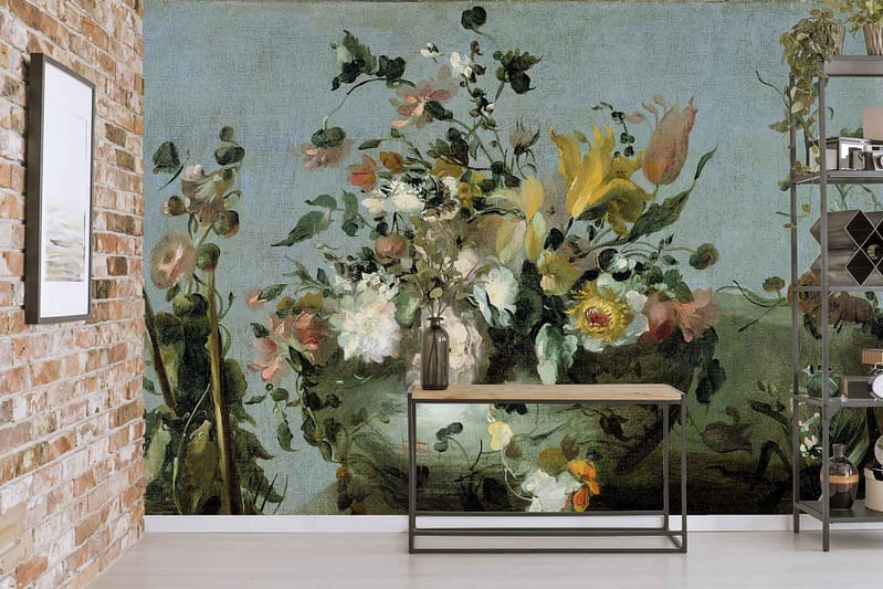 The wallpaper is a large mural of vibrant, detailed flowers on a textured background. It features an array of colors like brilliant reds, deep purples, soft pinks, sunny yellows, and lush greens. The design highlights intricately rendered petals and leaves with varying shades and fine details.