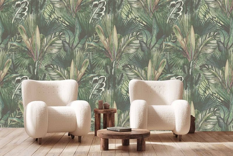 Wallpaper features a tropical theme with lush, green leaves. Elements include various shades of green, emphasizing large leafy patterns. Hints of darker greens and occasional light highlights create depth and vibrancy in the design.