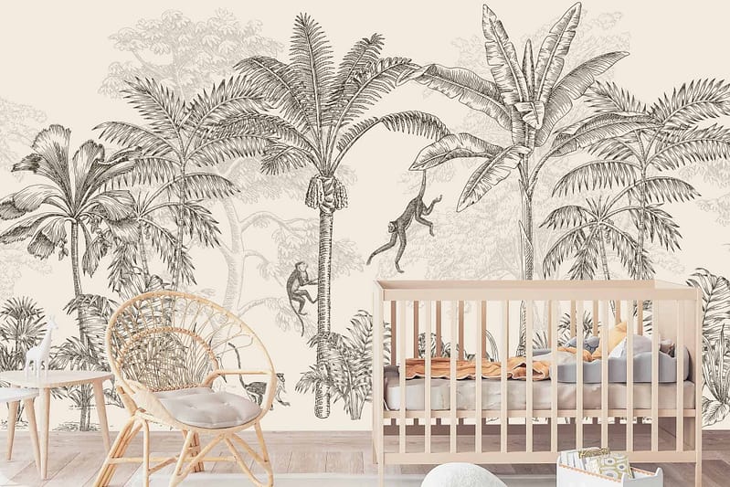 The wallpaper showcases detailed, vintage-style drawings of palm trees and playful monkeys, creating a lush jungle theme. Predominantly green hues with touches of grey and brown, intricate leaf patterns, and whimsical animal illustrations are key highlights.
