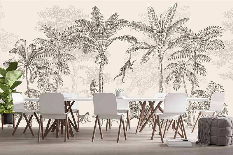 The wallpaper in the conference room features a detailed black-and-white mural showcasing tropical palm trees and monkeys. The elements include intricate palm fronds, tree trunks, and playful monkeys. Dominant colors are black and white, creating a monochromatic yet lively scene with various shades of gray to highlight the details.