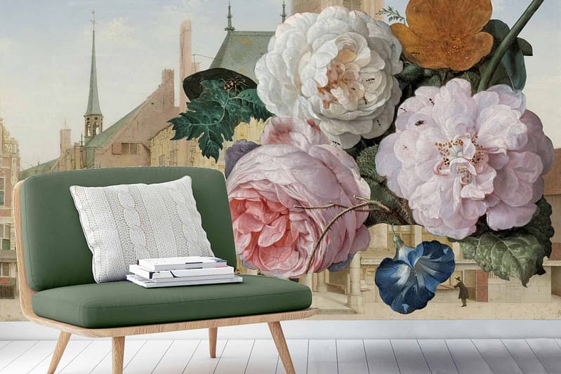 Oversized floral mural with detailed, colorful flowers; vibrant hues of red, blue, yellow, and green; intricate petals and leaves; lush garden aesthetic.