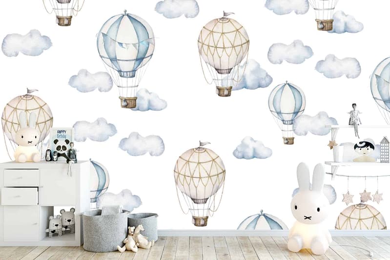 Whimsical hot air balloon wallpaper with blue and beige balloons, soft clouds, "Flying High" theme.