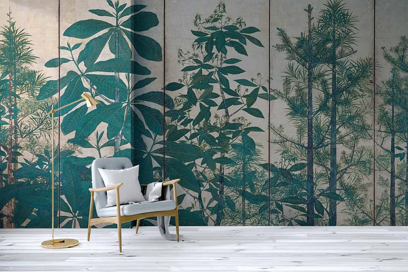 The wallpaper displays large botanical prints in shades of green and blue, featuring various plants and trees, creating a tranquil forest atmosphere.