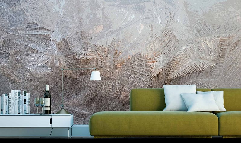 The wallpaper features a textured design with abstract patterns in shades of beige and gray.