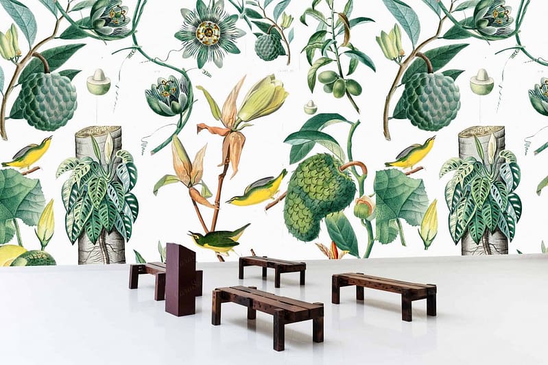 The wallpaper showcases large, detailed illustrations of Formosa's tropical plants and birds. The design features various shades of green and yellow, including vibrant foliage and lively bird depictions.