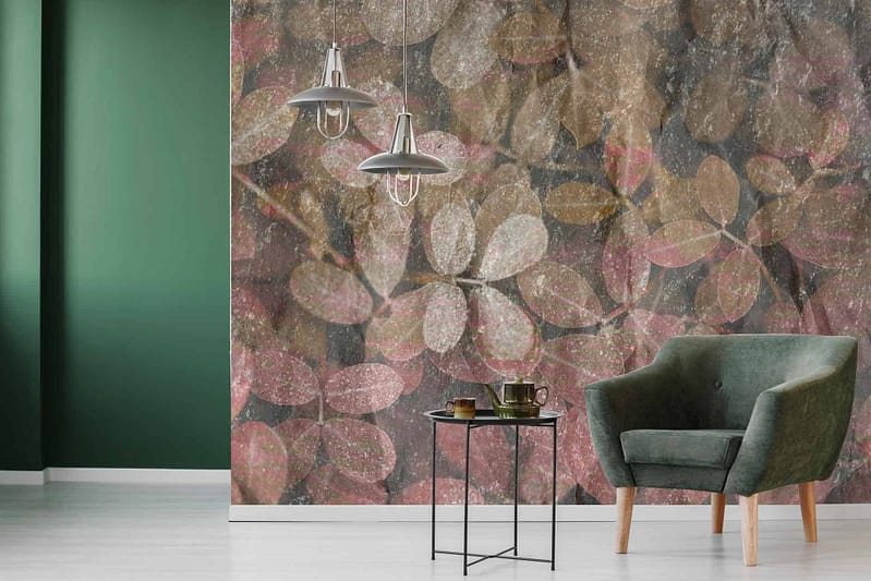 Large, colorful floral mural featuring shades of pink and brown leaves, reminiscent of autumn.