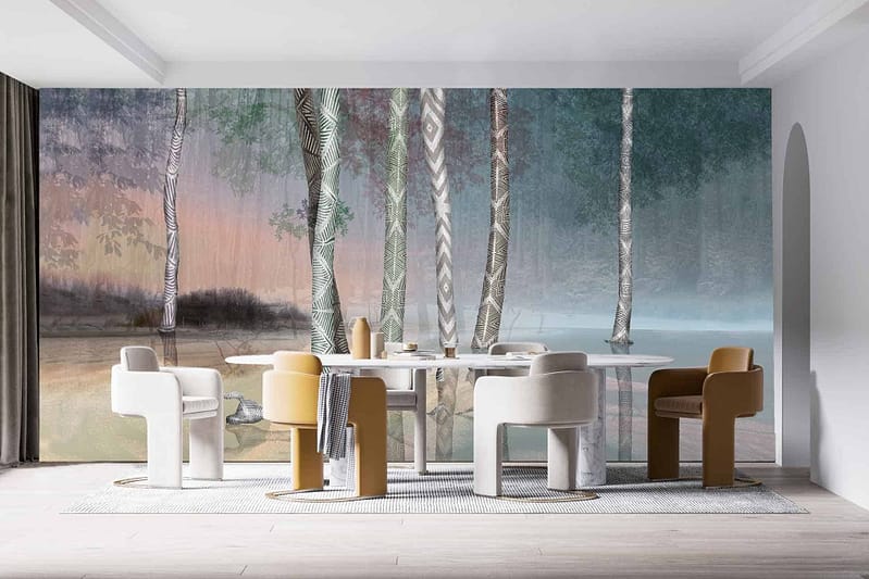 The wallpaper showcases a serene forest scene with tall, slender trees set against a misty background. Key elements include the forest, trees, and misty atmosphere. The color palette features muted greens, soft grays, and earthy tones to evoke tranquility and natural beauty.