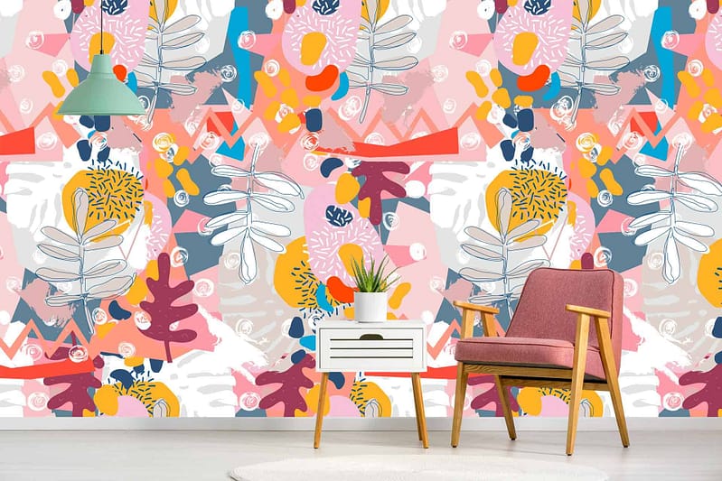 Abstract wall mural, colorful shapes, vibrant patterns, shades of pink, blue, yellow, white.