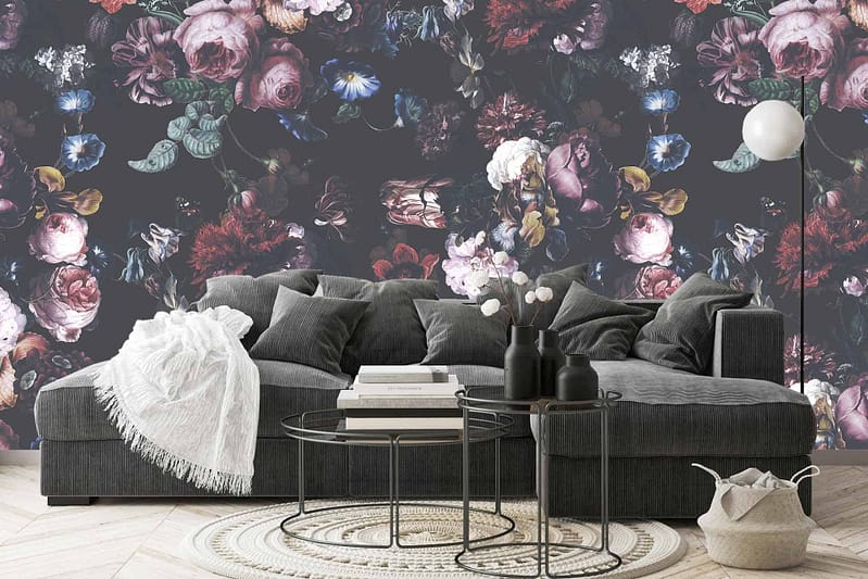 Floral-patterned wallpaper in dark and vibrant hues, featuring intricate designs in deep blues, rich greens, and bold reds.