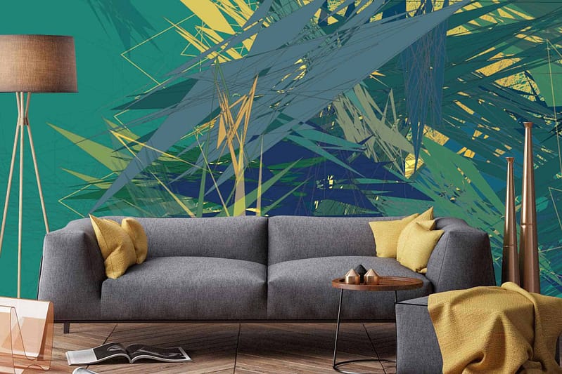 Abstract, geometric mural with shades of blue, green, and yellow.