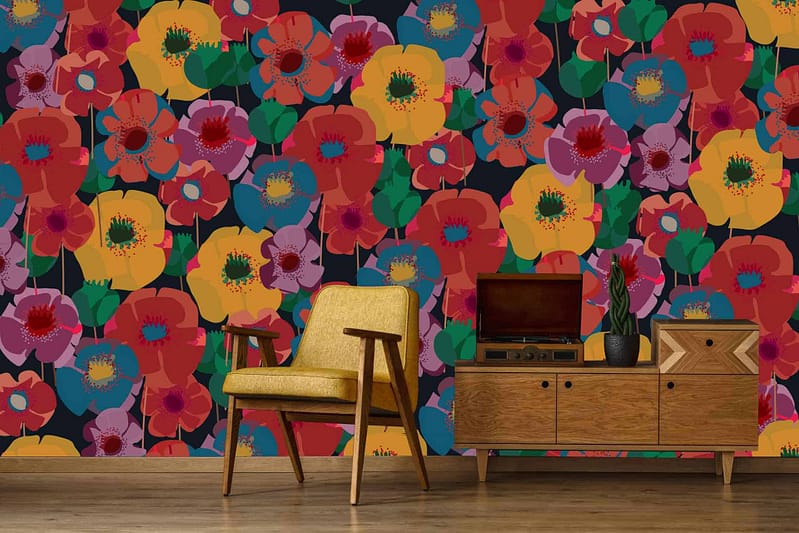 Experience the tranquility of a room adorned with a colorful floral wallpaper featuring vibrant red, yellow, orange, blue, and purple flowers.