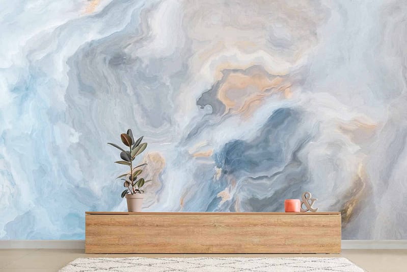 Large, abstract wall art with swirls of blue, white, and beige. The marble-like patterns create an inspirational ambiance.