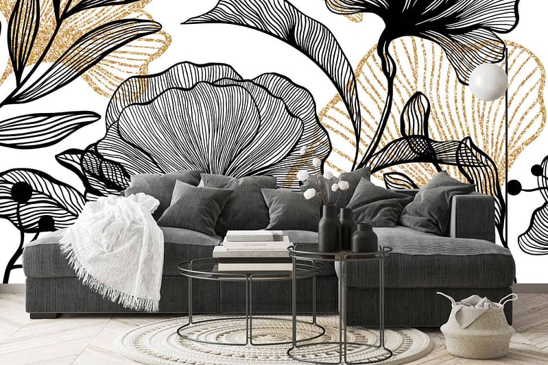 Black and white floral mural, gold accents, Gold Rush era.