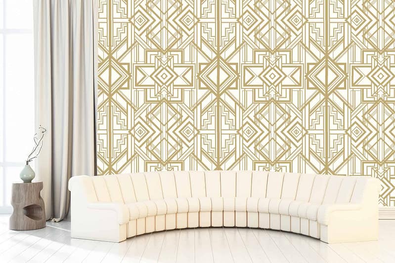 The wallpaper features an intricate gold geometric pattern that is reminiscent of grand opera halls. The dominant color is gold set against a contrasting backdrop. Key elements are the intricate and detailed geometric designs.