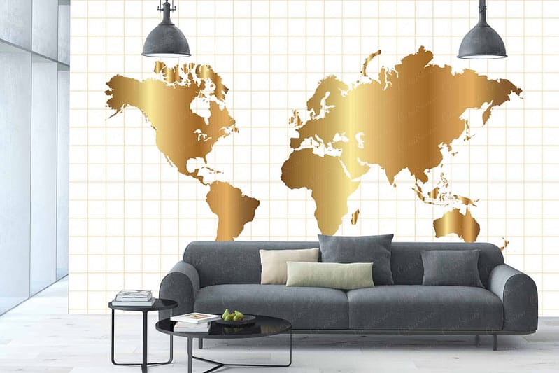 Large golden world map, white grid-patterned wall. Elements: world map outlines in gold, grid lines in white. Colors: gold and white. Industrial theme backdrop with a sophisticated yet modern vibe.
