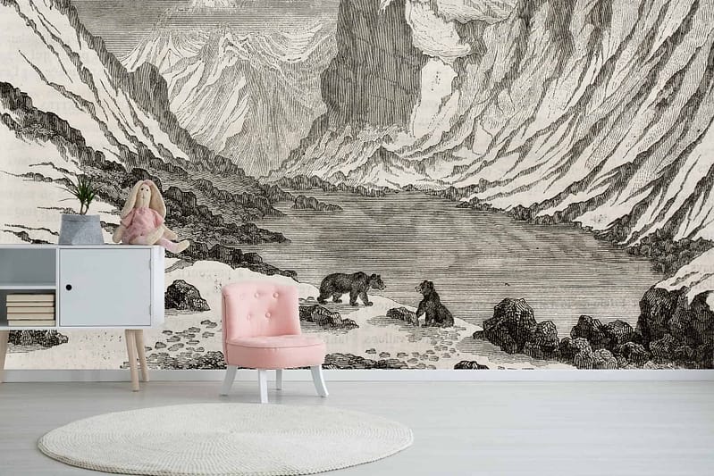 A large wall mural features a monochromatic mountain landscape. The wallpaper highlights various shades of gray, creating a serene and minimalist depiction of mountains. Key elements include detailed mountain peaks, subtle gradients indicating depth, and softly shaded valleys. Overall, the grayscale color scheme enhances the tranquil and majestic feel of the natural scenery.