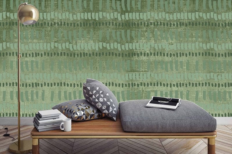 The wallpaper features a rich, textured green background that evokes the look of grasslands. It includes subtle variations in green hues, creating depth and a sense of movement. This design complements mid-century modern decor with its organic feel and sophisticated color palette. Ideal search terms: "green textured wallpaper," "grassland-inspired wallpaper," "mid-century modern green wallpaper.