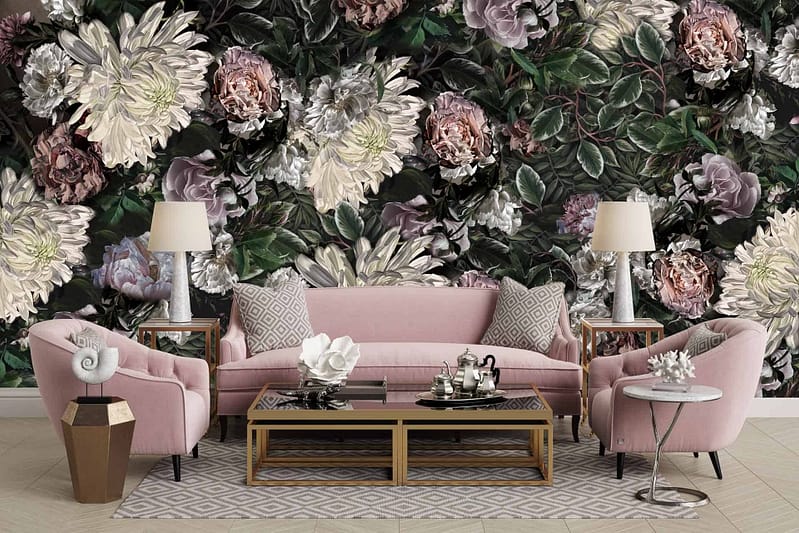 The wallpaper features a large, dramatic floral mural in shades of pink, white, and green. Elements include oversized blossoms, delicate petals, and leafy accents. The vibrant pink hues range from soft blush to deep magenta, complemented by crisp white flowers and lush green foliage. This elaborate design adds a touch of elegance and nature-inspired beauty to the room.