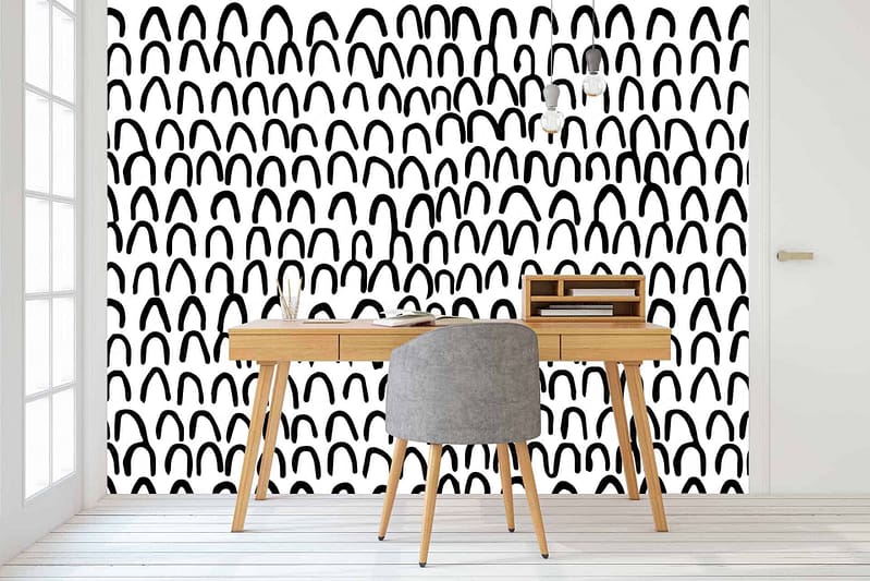 The wallpaper features a white background with a black arch pattern.