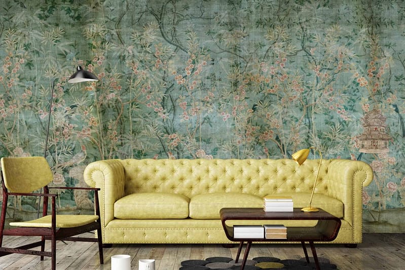 The wallpaper in Hannah's Choice features detailed, floral-themed patterns with elements of vibrant greens and subtle pinks.