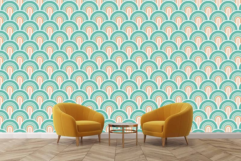 Wallpaper features vibrant, retro-style repeating pattern of rainbow arches. Colors include teal, peach, and cream.