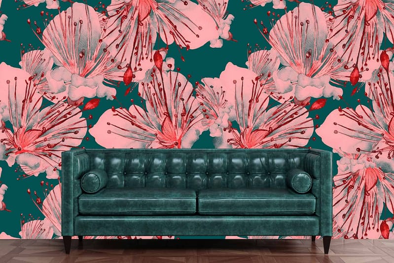 Wallpaper: Bold, colorful Hawaiian floral pattern with large pink flowers and green foliage.