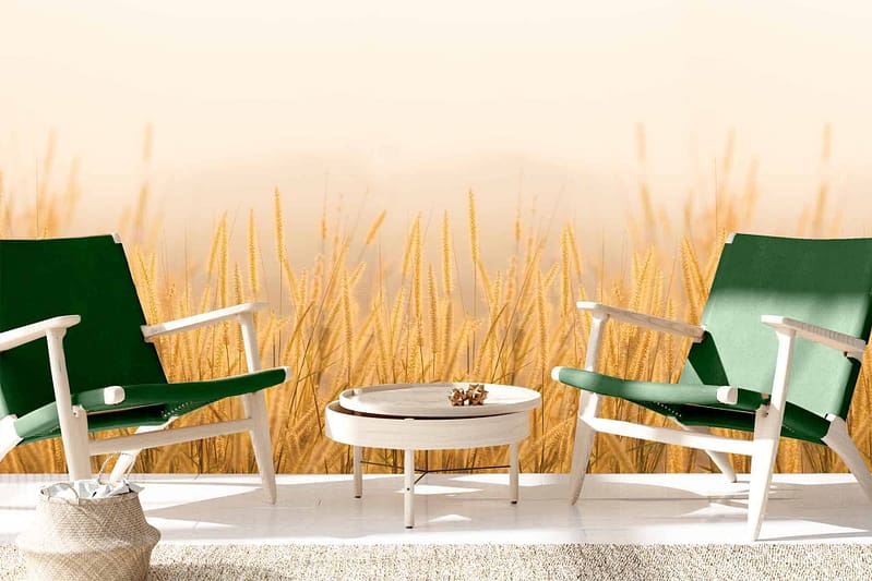 Large mural of a golden wheat field under a light sky; elements: golden wheat, light sky.