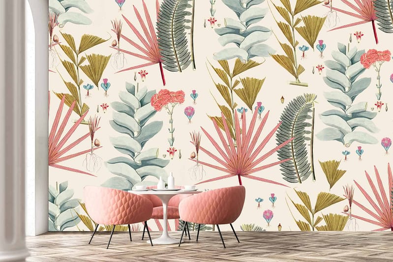 Bold botanical wallpaper with lush green leaves, pink flowers, and gold accents.