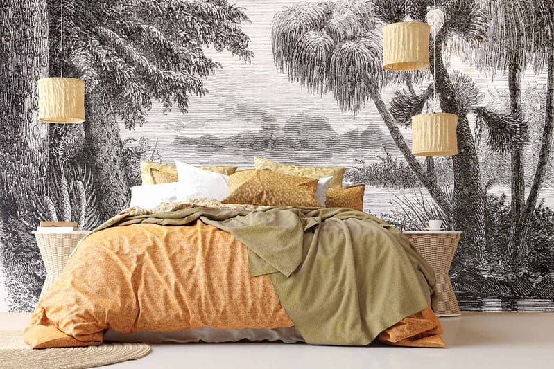 The wallpaper features a scenic black-and-white tree landscape, highlighting nature-themed elements in monochrome tones.