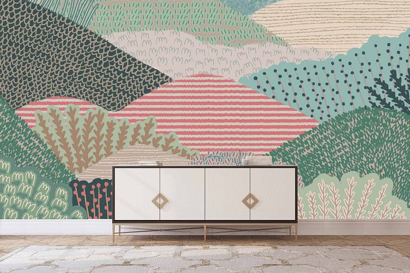 Colorful abstract mural, textured hills, plants, vibrant colors: green, pink, beige, teal.