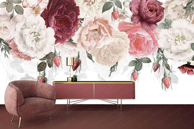 Large floral mural with shades of white, pink, and maroon.