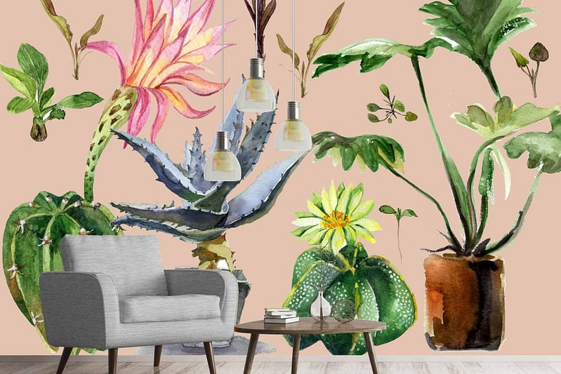 The wallpaper features a colorful, artistic mural with vibrant botanical illustrations. Elements include large, detailed house plants and flowers in hues of green, pink, yellow, and blue. The design is lively and bursting with vivid colors, enhancing the room's dynamic atmosphere.