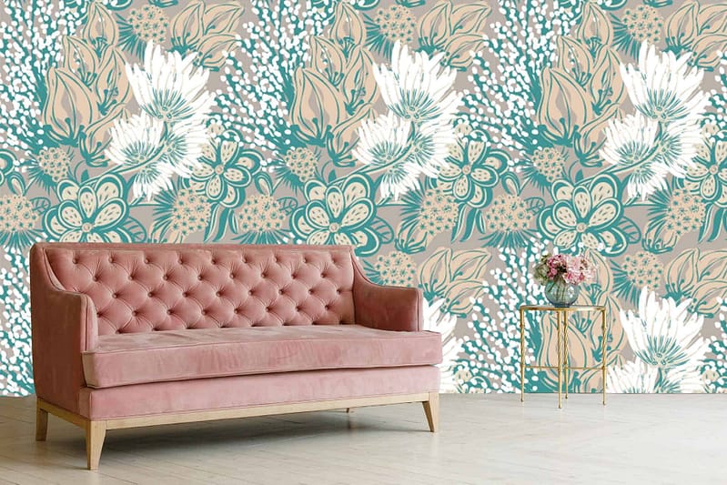 Vibrant floral wallpaper with teal and beige hues, featuring intricate pink flower patterns.
