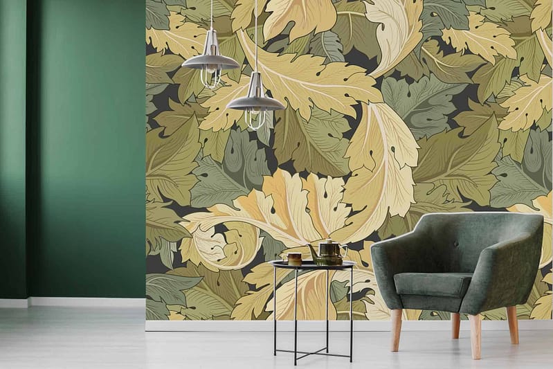 Ornate leafy wallpaper design in green, yellow, and beige.