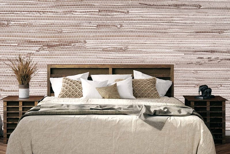 The wallpaper features textured, striped patterns in soft, neutral tones of beige and white. Its subtle texture and serene stripes create a calming ambiance perfect for a modern bedroom setting. Key elements include the alternating light and slightly darker beige lines that add depth without overwhelming the space.
