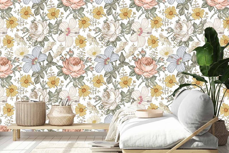Floral wallpaper with pastel colors featuring roses, daisies, and other flowers.
