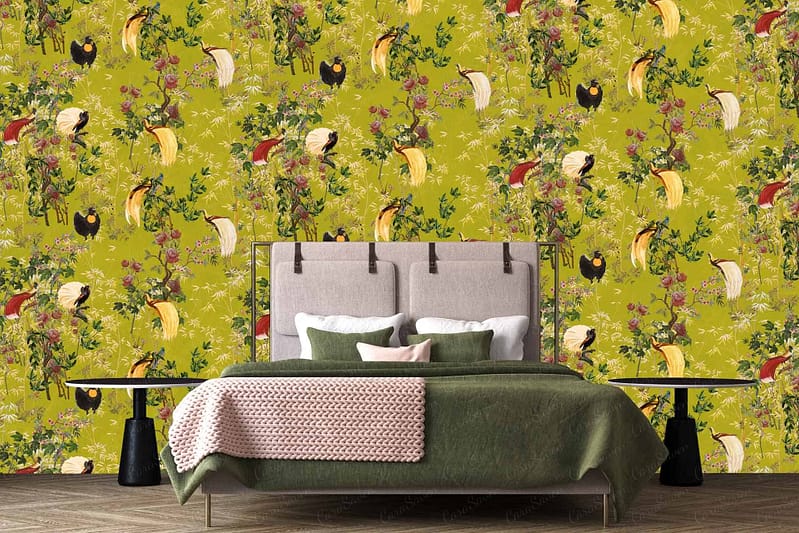 The vibrant yellow wallpaper features a detailed nature print with birds, branches, and flowers. The hues in the wallpaper include yellow, green, pink, black, and white. The birds and flowers create an intricate design that appears to sway rhythmically.