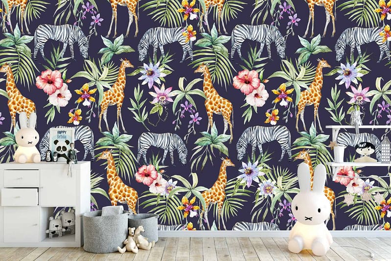 A children's room features dark blue jungle-themed wallpaper adorned with giraffes, zebras, and vibrant colorful flowers.