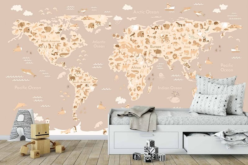 The wallpaper in the children's bedroom features a world map mural illustrated with colorful animals native to each continent. You will find elephants and lions in Africa, kangaroos in Australia, pandas in Asia, penguins in Antarctica, bison in North America, llamas in South America, and various birds throughout. The mural is vibrant with shades of blue for oceans, green and brown for landmasses, and an array of bright colors like red, yellow, and orange marking different animals. This whimsical design brings global diversity to life with playful illustrations perfect for a child's room inspired by "It's a Small World.