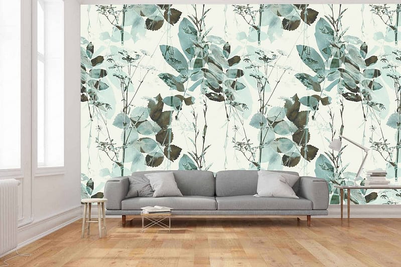 Ivy-patterned wallpaper, teal and green colors, striking wall covering.