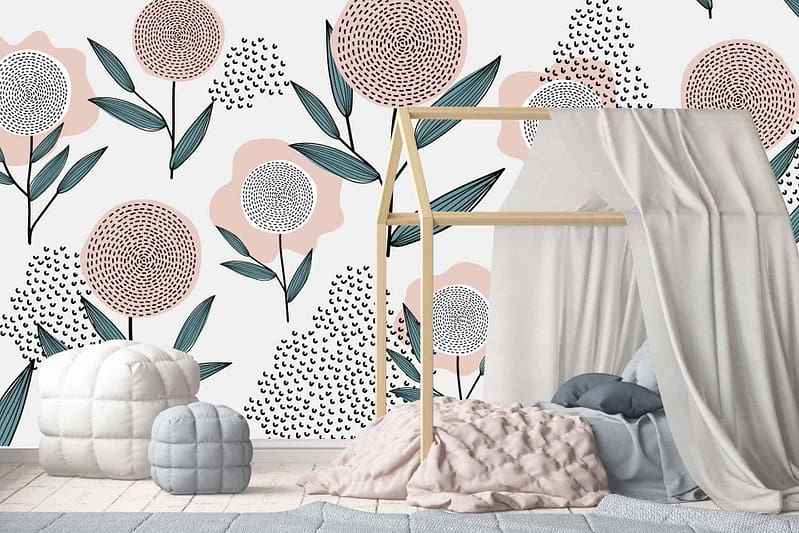 The children's bedroom features whimsical floral wallpaper adorned with enchanting flowers, delicate leaves, and delightful butterflies. The color palette includes soft pastels like blush pink, mint green, and lavender purple interspersed with touches of sunny yellow and sky blue. These elements create a dreamy backdrop perfectly suited for little dreamers like Jessie.