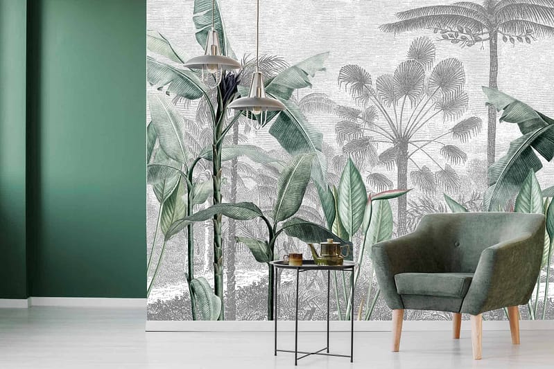 The wall mural in the modern living room showcases lush, detailed drawings of tropical palms and plants. These elements are reminiscent of KZN, featuring various shades of green. The design may include intricate leaf patterns and possibly some earth-toned accents to bring out the natural look.