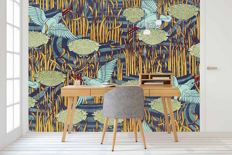 Colorful wall with nature-themed mural featuring kingfisher birds, green plants, and long vertical patterns in yellow and blue.